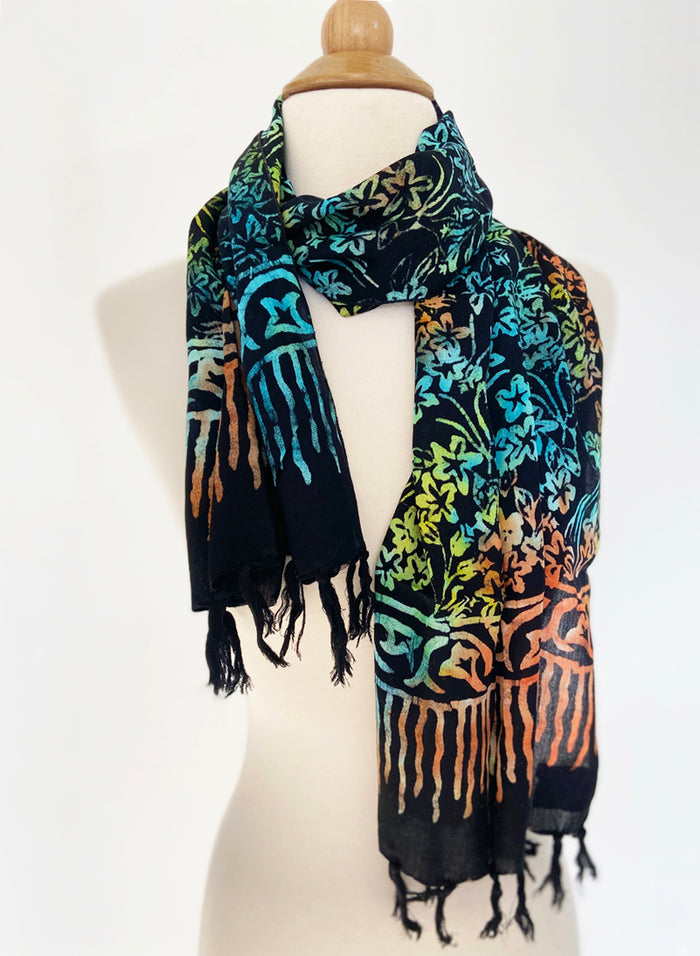 Handmade Batik Rayon Fringe Scarf - Black Multi