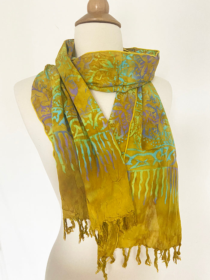 Handmade Batik Rayon Fringe Scarf - Gold-Turquoise-Purple-Lime