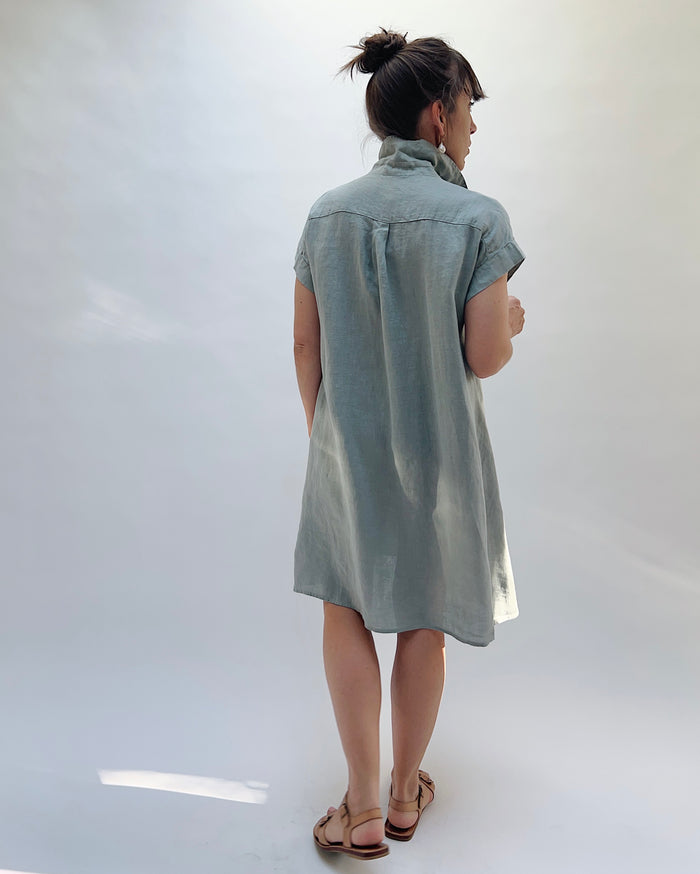 Woman wearing a light blue, slightly gray dress against a white background, viewed from the back