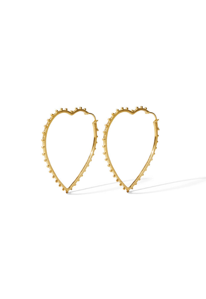 Pair of gold heart hoop earrings with dotted beaded edging, 22K gold-plated brass, white background