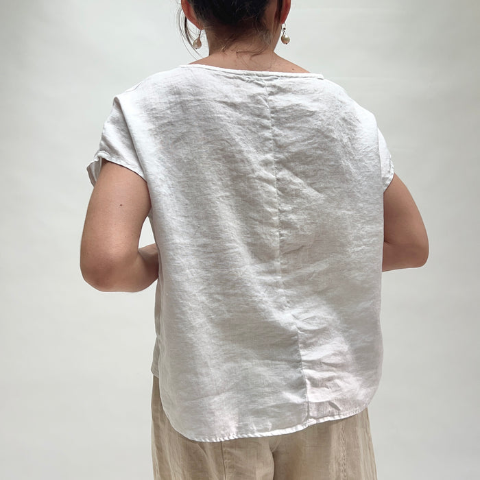 Person wearing a white t-shirt and beige pants against a plain background, viewed from behind