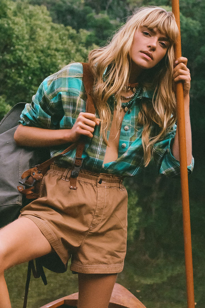 Spell women's High Tide Flannel Shirt in Meadow green plaid check, oversized fit with front button opening