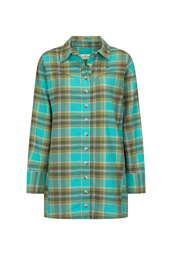High Tide Flannel Shirt Meadow flat lay, teal green plaid check, front button opening, dropped shoulder