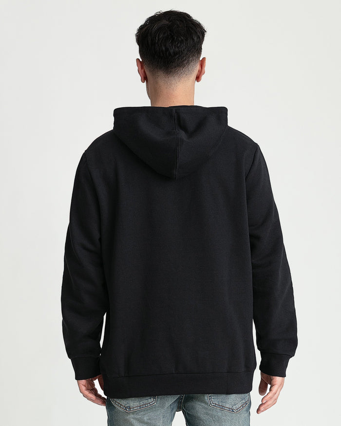 Black hoodie with drawstring hood and ribbed cuffs, shown from back view on model wearing jeans.