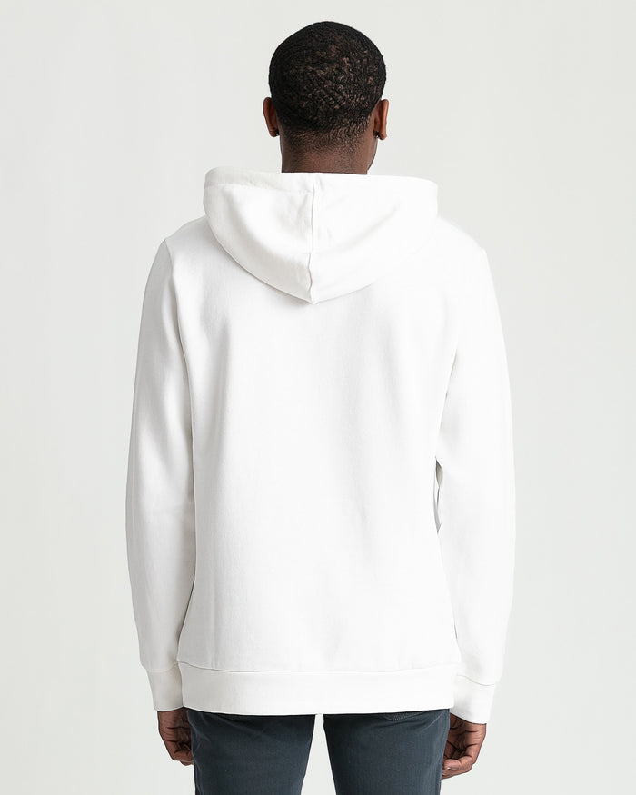 White pullover hoodie with long sleeves and front pocket, shown from back view on model.