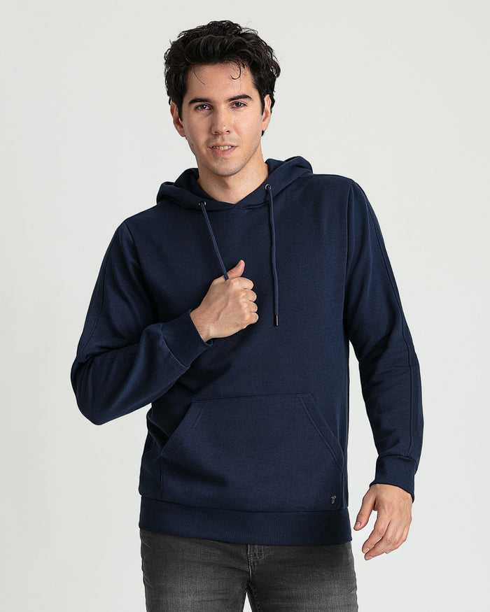 Navy blue pullover hoodie with drawstring, front kangaroo pocket, and ribbed cuffs and hem.
