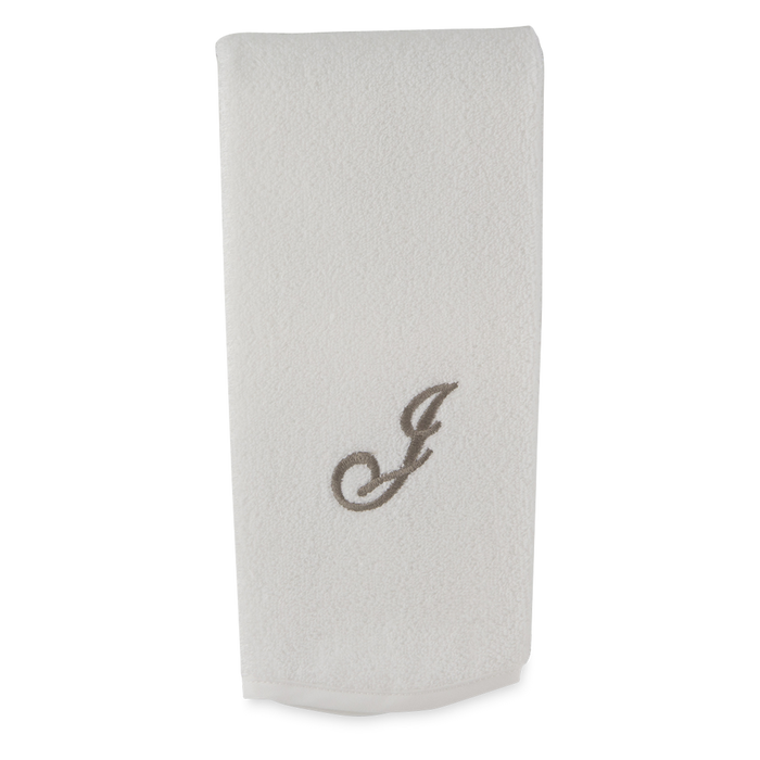 Monogrammed guest towel made of 100% white cotton with pewter/grey embroidered monogram.