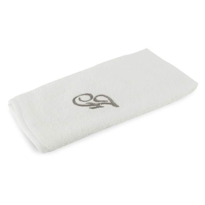 Monogrammed guest towel made of 100% white cotton with pewter/grey embroidered monogram.