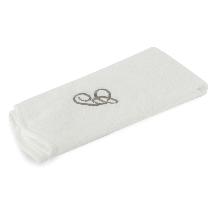 Monogrammed guest towel made of 100% white cotton with pewter/grey embroidered monogram.