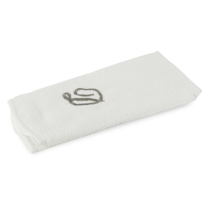 Monogrammed guest towel made of 100% white cotton with pewter/grey embroidered monogram.