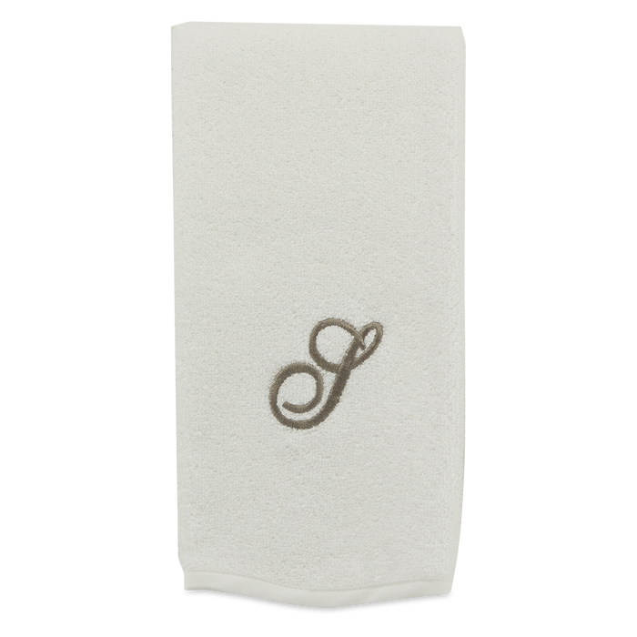 Monogrammed guest towel made of 100% white cotton with pewter/grey embroidered monogram.