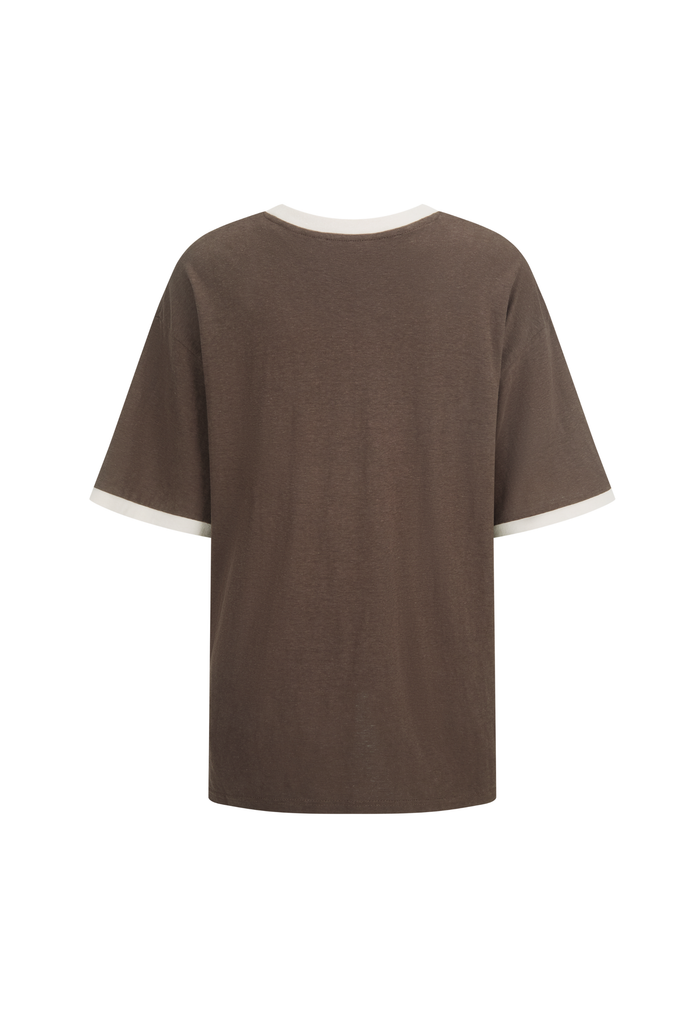 Back view of Howdy Inn Oversized Tee in Cacao, showing cream contrast binding at neckline and sleeve cuffs