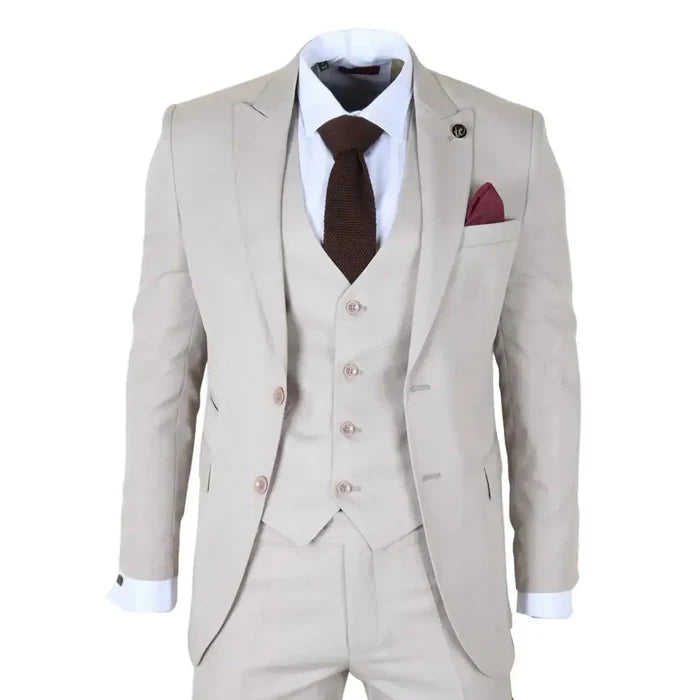 Men's beige 3-piece suit with tailored fit, notch lapel blazer, matching vest and trousers, white dress shirt, brown tie, burgundy pocket square, SKU: IM1_suit_Cream_34