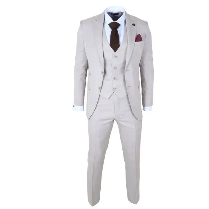 Close-up of men's cream-colored suit jacket with notch lapel, button details, and a burgundy pocket square, SKU: IM1_suit_Cream_34