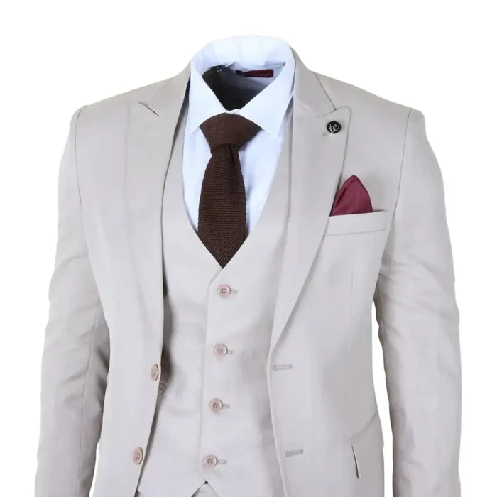 Men's cream 3-piece suit with tailored fit, white dress shirt, dark brown tie, and burgundy pocket square, front view, SKU: IM1_suit_Cream_34