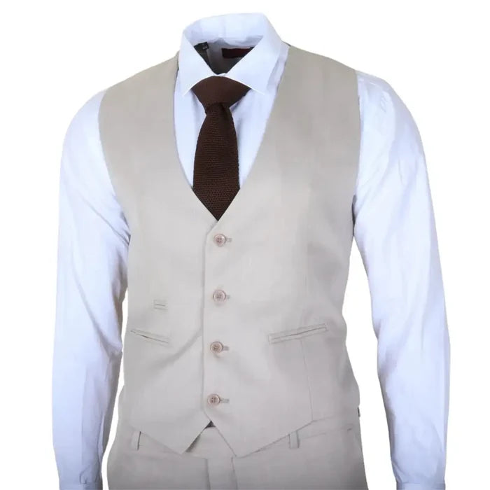 Men's cream-colored 3-piece suit with tailored fit, featuring a vest, white dress shirt, and brown tie, ideal for formal occasions