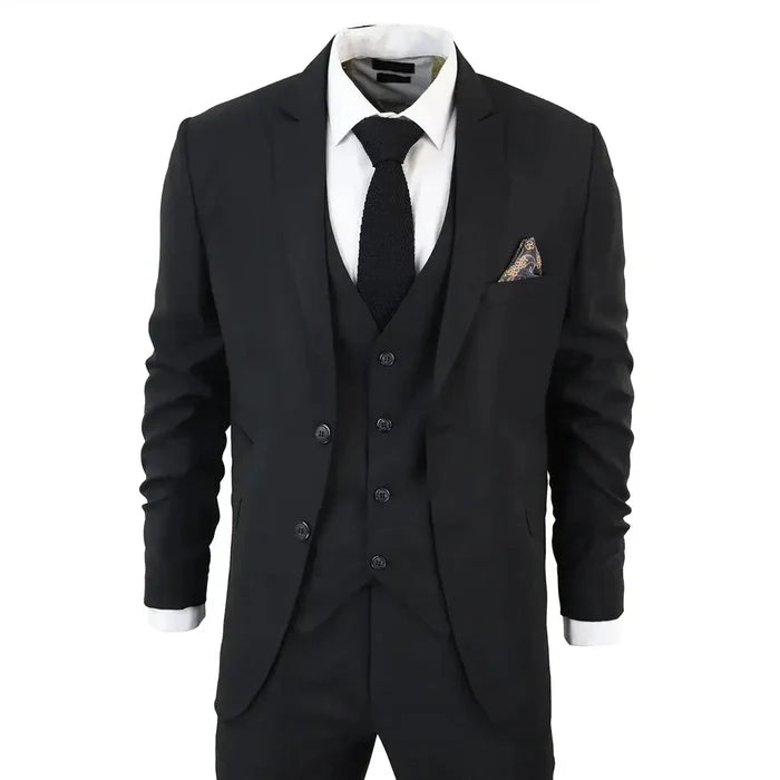 Men's black 3-piece suit with tailored blazer, vest, and dress pants, paired with a white shirt, black tie, and pocket square for formal occasions.