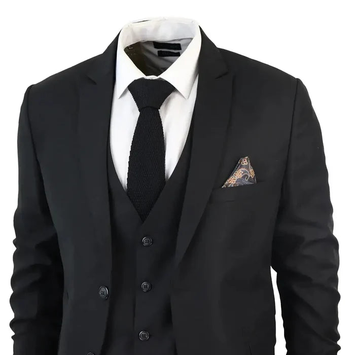 Silver logo of a men's classic black 3-piece suit, featuring a tailored blazer, vest, and dress pants, suitable for formal occasions.
