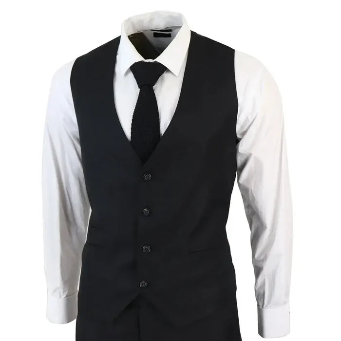 Black men's vest over white dress shirt with black tie, formal business attire, tailored fit, front buttons, classic style