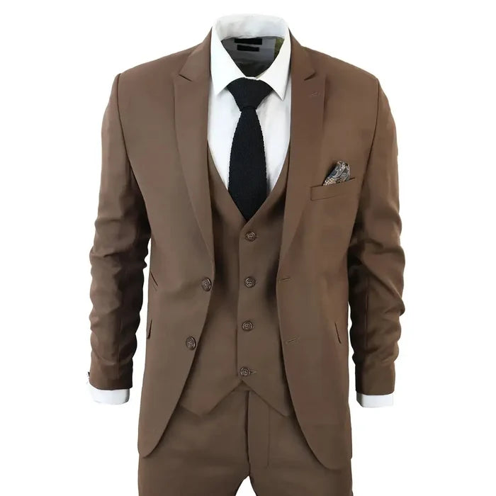 Men's classic brown 3-piece suit with tailored blazer, vest, and matching trousers, white shirt, black tie, and pocket square for formal wear.