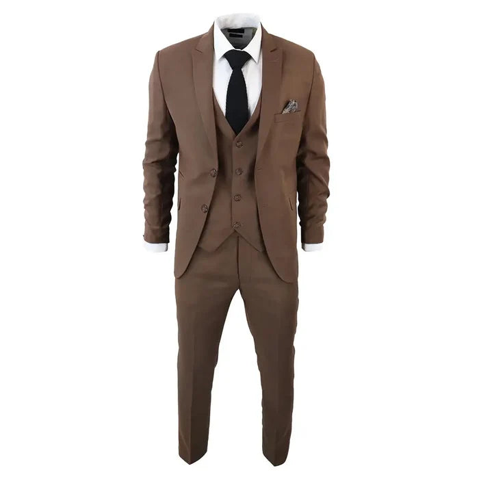 Close-up of men's brown 3-piece suit with blazer, vest, white shirt, black tie, and pocket square, ideal for business or formal events.