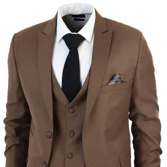 Front view of men's brown 3-piece suit with tailored blazer, vest, white shirt, black tie, and pocket square, perfect for formal occasions.