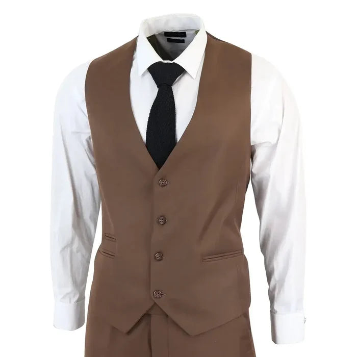 Men's classic brown 3-piece suit with a tailored vest, white dress shirt, and black tie, ideal for formal occasions and business events.