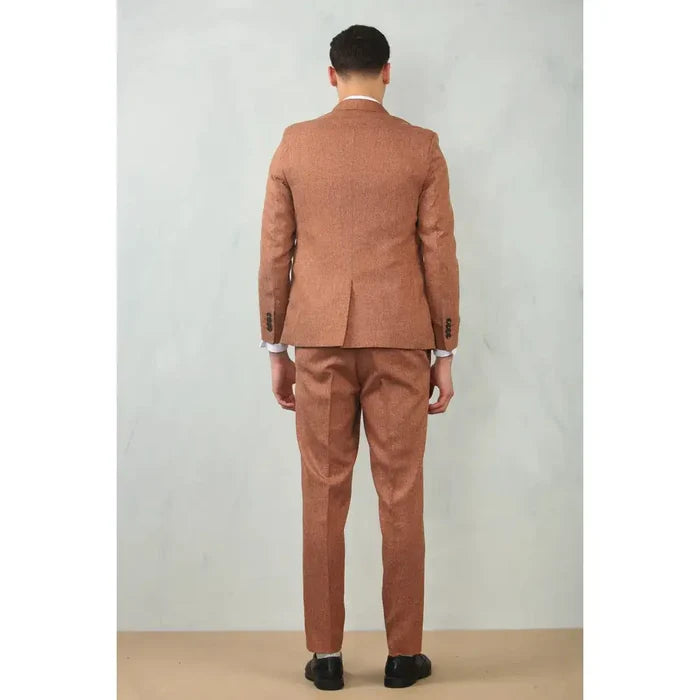 Men's camel tailored fit wedding 3-piece suit made of textured fabric, featuring a structured blazer with back vent, matching trousers, and black dress shoes - SKU: IM200_suit_Camel_36