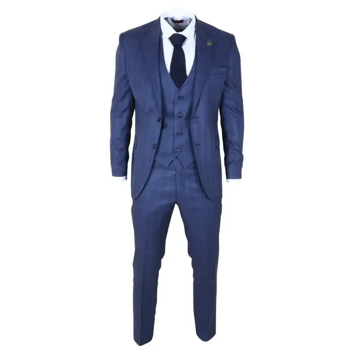 Men's blue check suit with a slim fit design, including a blazer, vest, and matching trousers, paired with a white shirt and navy tie.