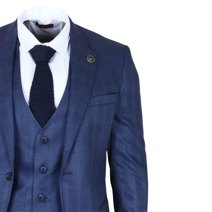 Men's blue check suit with a vest, white shirt, and navy tie, showcasing the classic pattern and professional style for formal occasions.