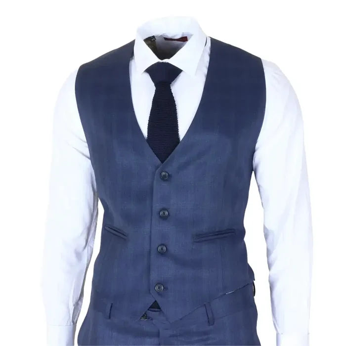 Navy blue men's 3 piece suit vest with a subtle check pattern, worn over a white dress shirt and paired with a black knit tie, tailored fit