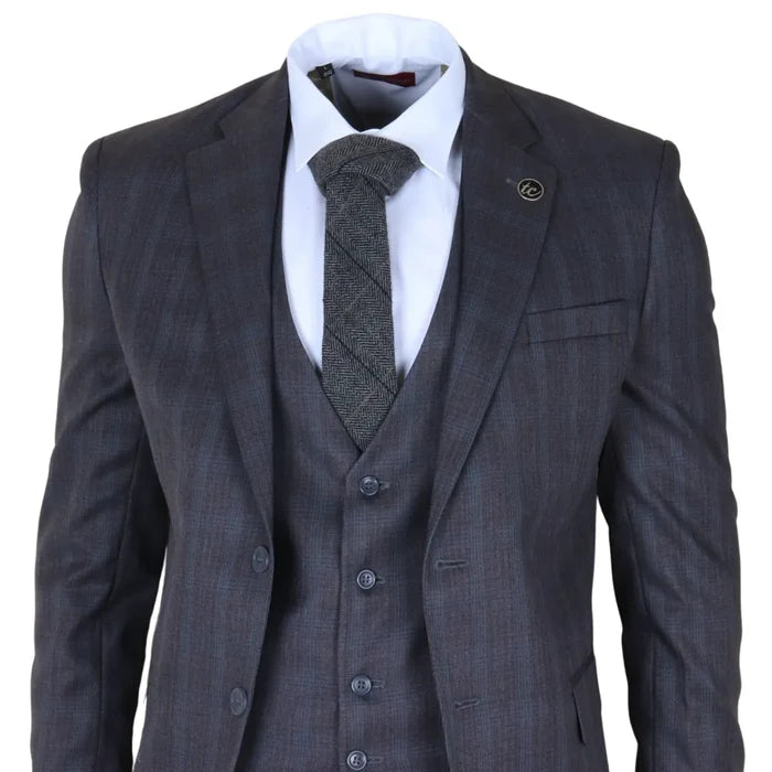 IM31 - Men's Charcoal 3 Piece Prince Of Wales Check Suit