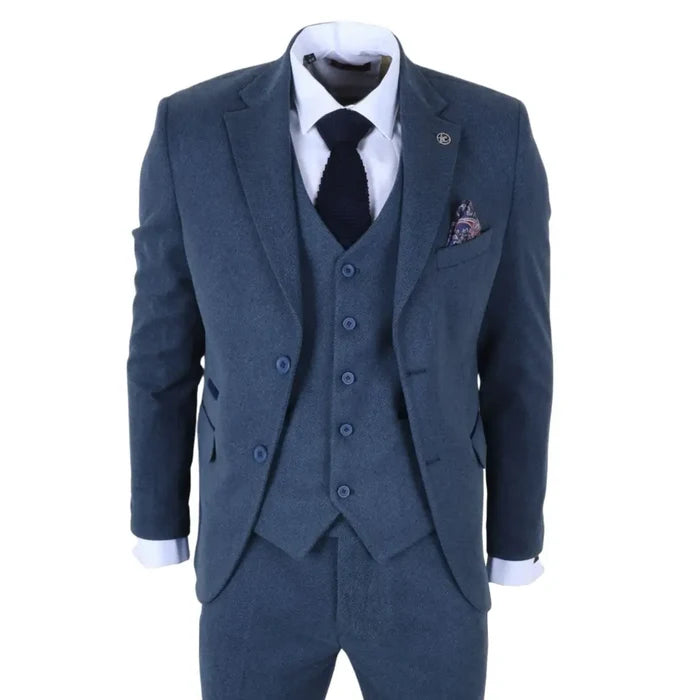 Men's blue tweed suit with jacket, waistcoat, and trousers, featuring a herringbone pattern, white shirt, black tie, and pocket square, SKU: IM40_suit_Blue_34