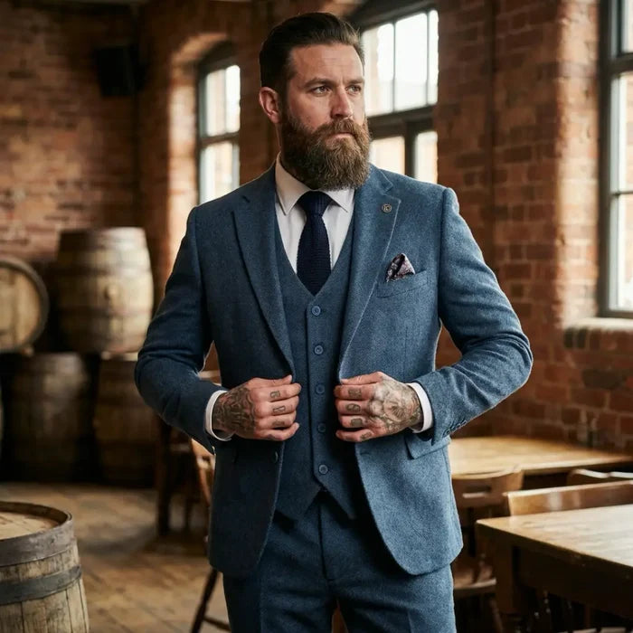Man wearing a stylish blue tweed suit with a matching waistcoat, white shirt, dark tie, and tattoos, inside a rustic brick room, SKU: IM40_suit_Blue_34