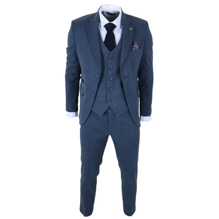 Close-up of men's blue tweed suit jacket with notch lapel, matching waistcoat, and blue buttons, featuring a pocket square, SKU: IM40_suit_Blue_34