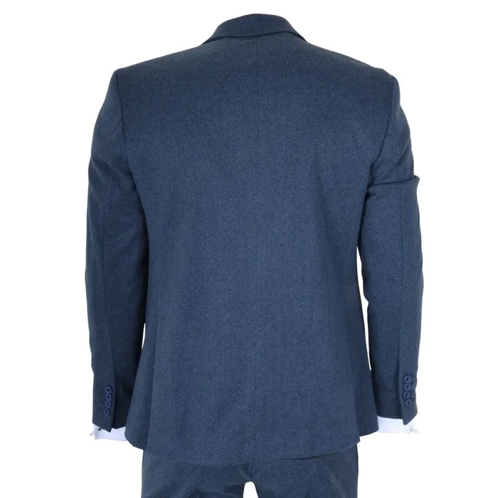 Back view of men's navy blue suit jacket with textured fabric, structured shoulders, and buttoned cuffs, designed for professional attire.