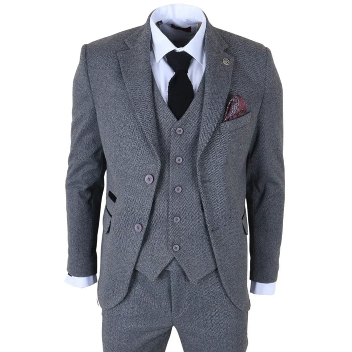 Men's grey 3 piece tweed herringbone suit with jacket, vest, and trousers, featuring a classic pattern, suitable for formal occasions, SKU: IM41_suit_Grey_34