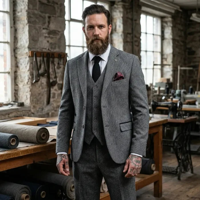 Man wearing a grey tweed suit with a fitted jacket, vest, and trousers, styled with a white shirt and black tie, in a workshop setting