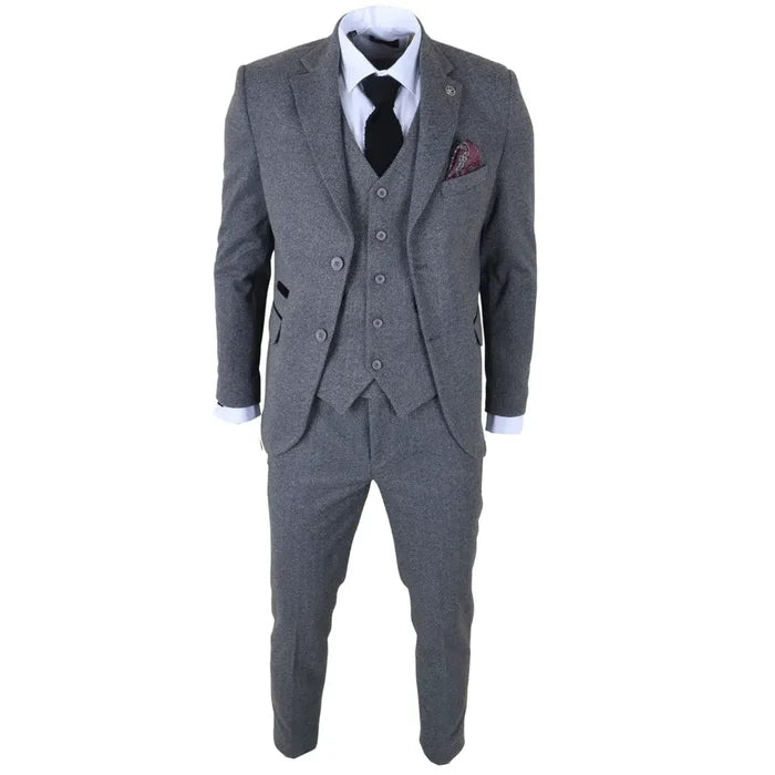 Close-up of men's grey herringbone tweed suit jacket with notch lapels, matching vest, and tailored trousers, SKU: IM41_suit_Grey_34