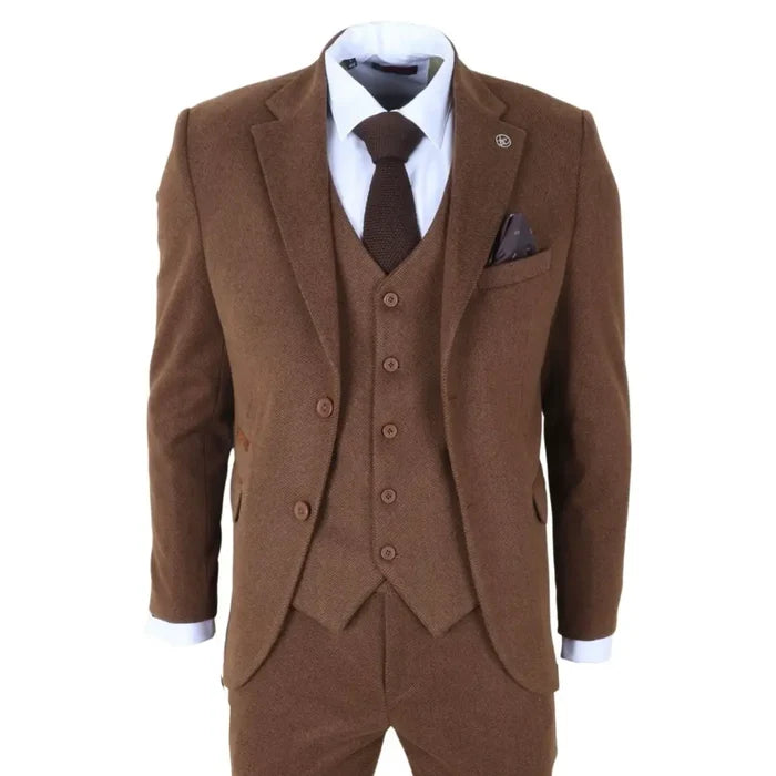 Men's brown 3 piece tweed suit with notch lapel blazer, waistcoat, and trousers, paired with white shirt and dark brown tie, tailored fit