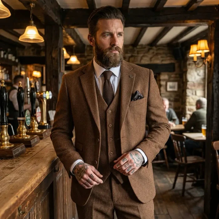 Man with beard in a brown tweed suit, white shirt, and dark brown tie, inside a rustic pub, showcasing formal men's fashion