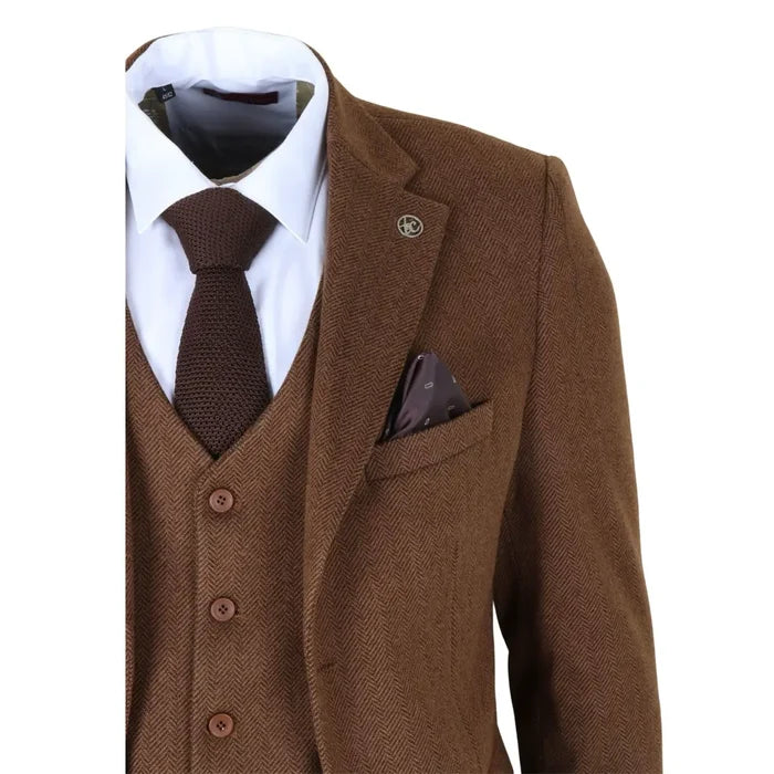 Men's brown tweed suit jacket with notch lapel, paired with a white dress shirt, brown knit tie, and matching vest, featuring a pocket square for formal wear.