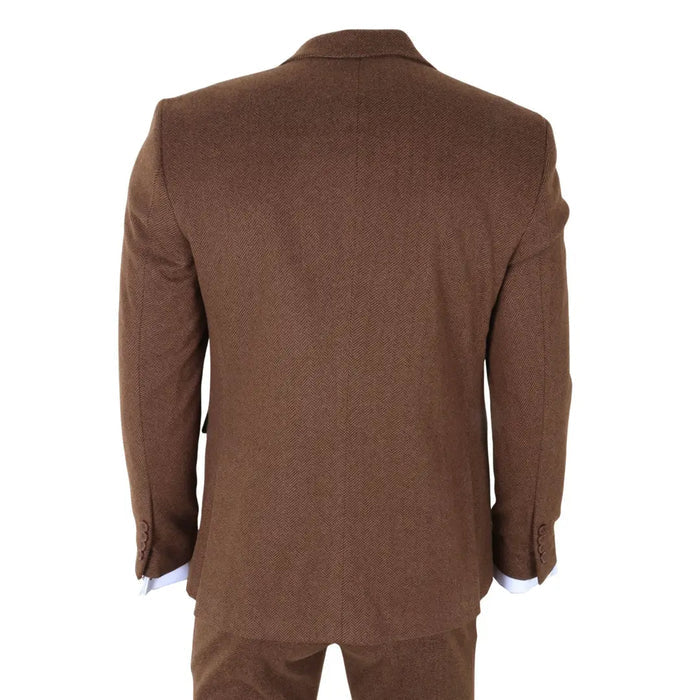 Back view of men's brown tweed suit jacket with structured shoulders and tailored fit, matching trousers, and classic lapel design