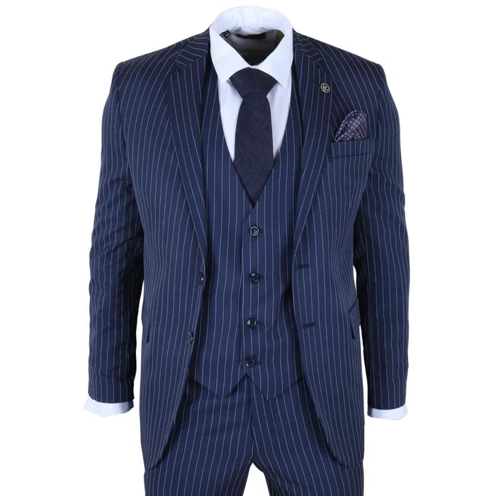 Men's navy blue pinstripe suit with tailored fit, includes blazer, waistcoat, and trousers, paired with white shirt and dark tie for formal occasions.