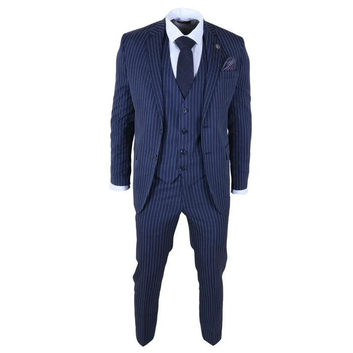 Close-up of men's navy blue pinstripe suit with tailored fit, showing the blazer with pinstripe pattern, white shirt, and dark textured tie for professional look.