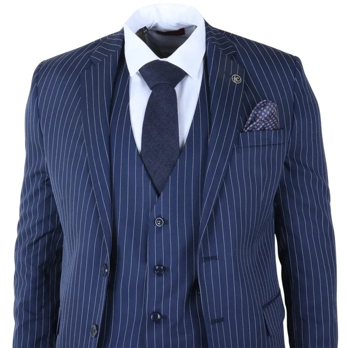 Navy blue men's pinstripe 3-piece suit with white dress shirt, matching tie, and pocket square, tailored for formal business or events - SKU: IM43_suit_Blue_34