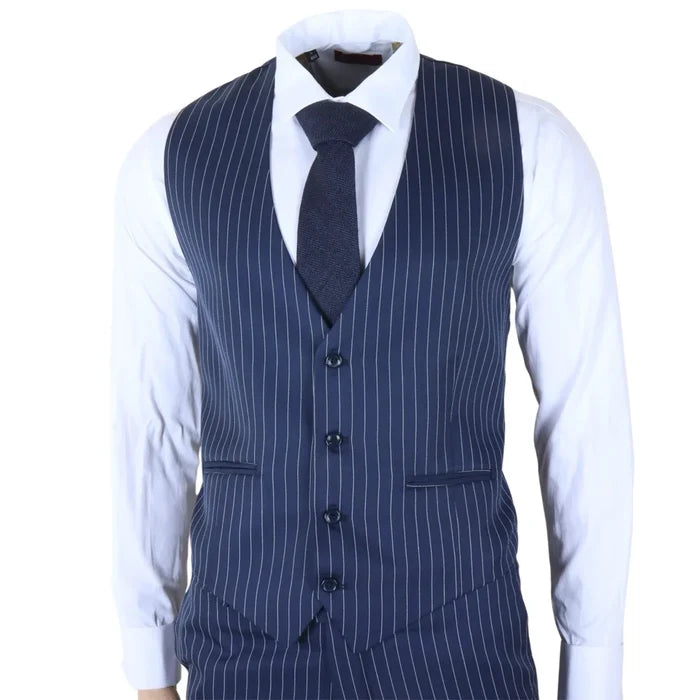 Navy blue pinstripe men's 3-piece suit with tailored vest, matching trousers, white dress shirt, and dark tie, ideal for formal occasions.
