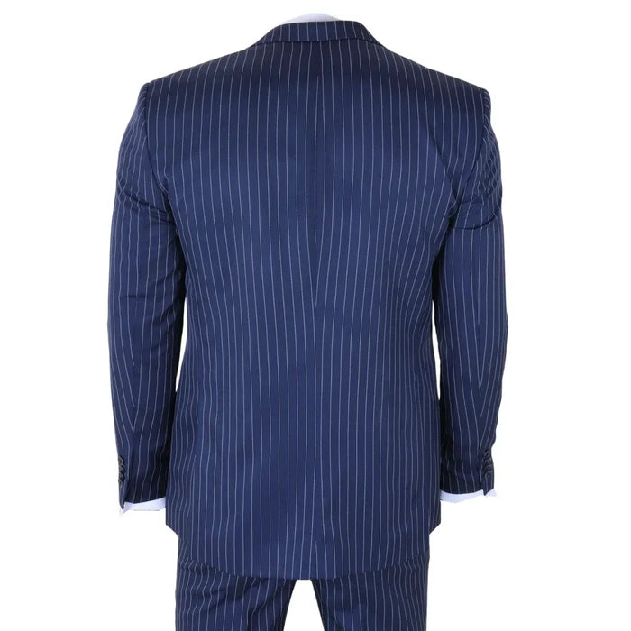 Navy blue men's pinstripe 3-piece suit with white pinstripes, tailored fit, includes blazer, waistcoat, and trousers, ideal for formal occasions - SKU: IM43_suit_Blue_34