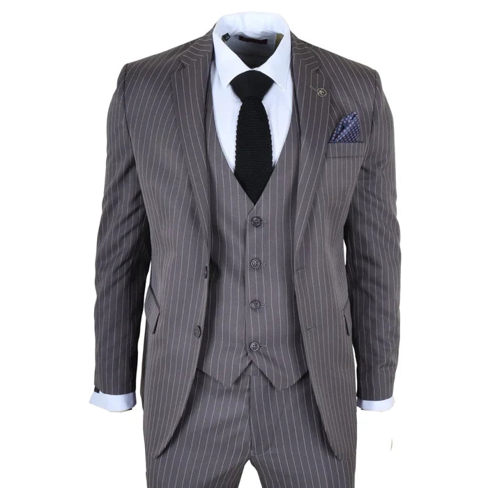 Men's grey pinstripe 3-piece suit with tailored blazer, vest, and trousers, featuring a white shirt, black knit tie, and blue pocket square, ideal for formal business wear - SKU: IM44_suit_Grey_34