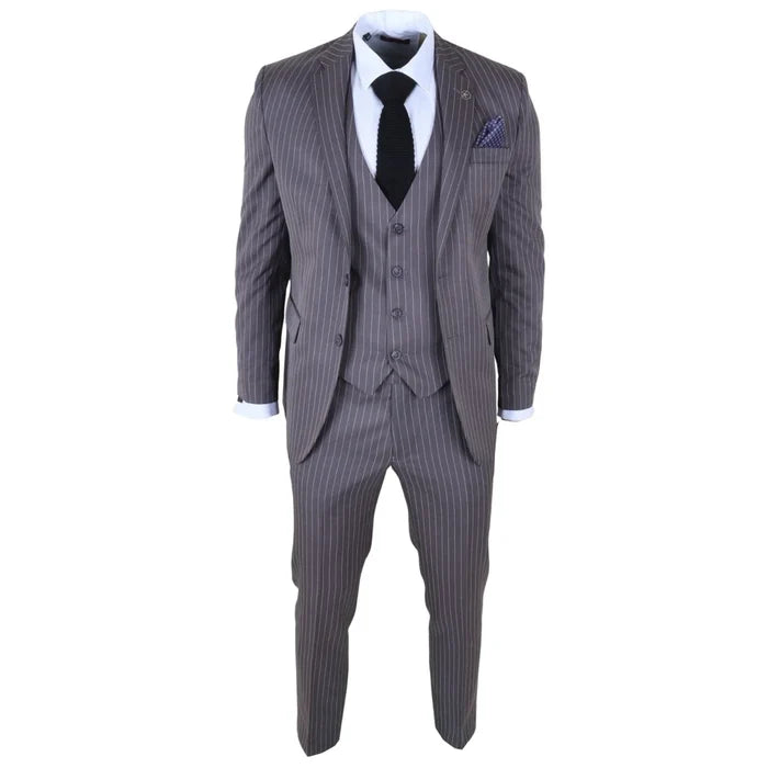 Close-up of men's grey pinstripe suit jacket with notch lapel, featuring a white shirt, black knit tie, and blue patterned pocket square, perfect for professional attire - SKU: IM44_suit_Grey_34